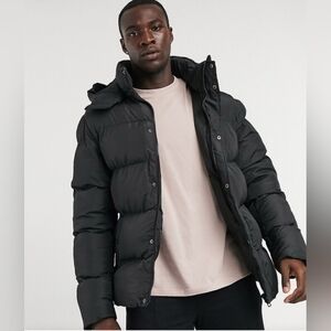 ASOS Men's Black Puffer Jacket with detachable hood,outdoor,size M